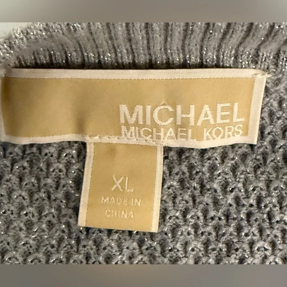 Michael Kors gray silver sparkle peek a boo shoulder split hem sweater XL EUC